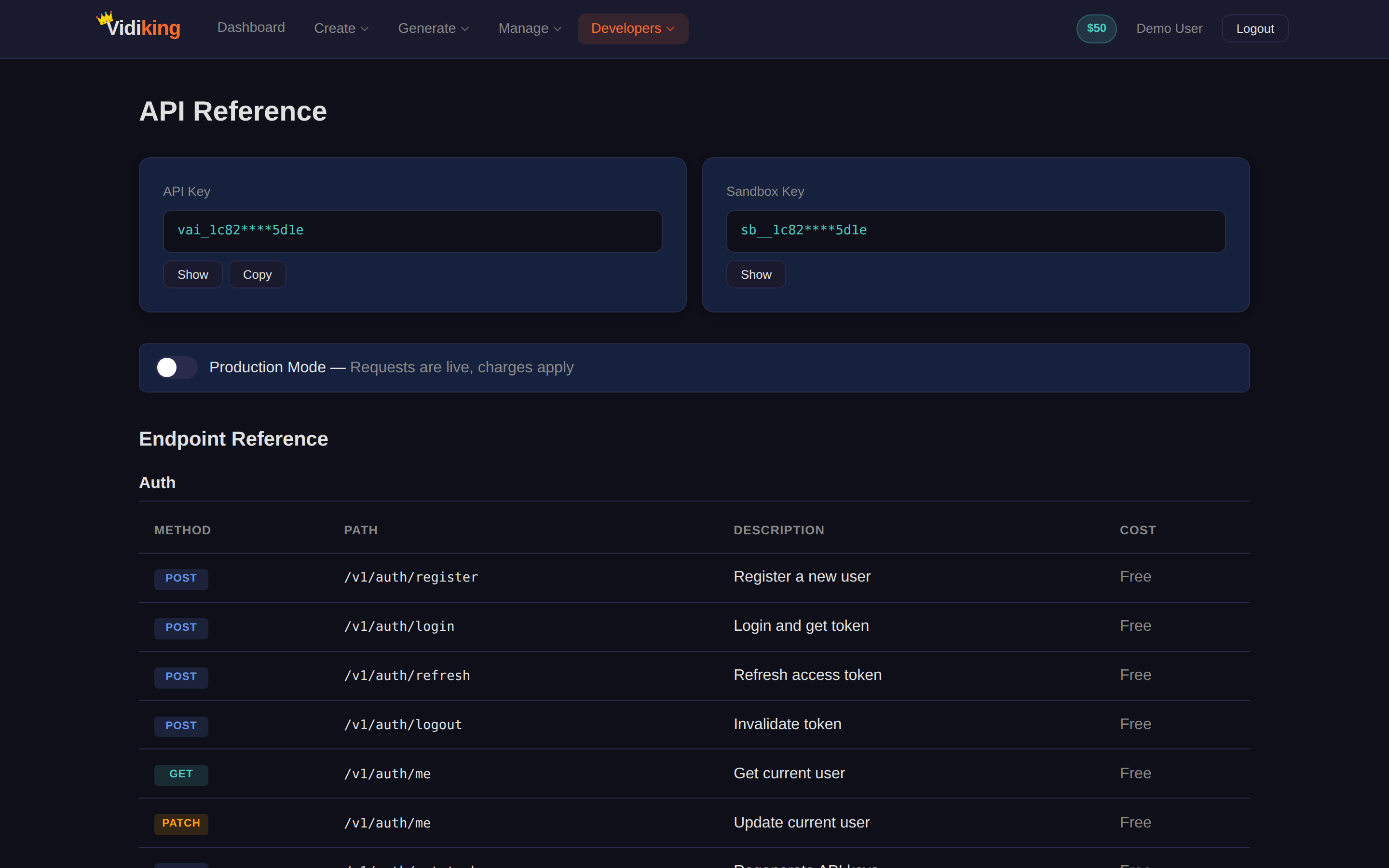 The API Reference page — your production and sandbox keys at the top, a Production Mode toggle, and the endpoint reference grouped by category