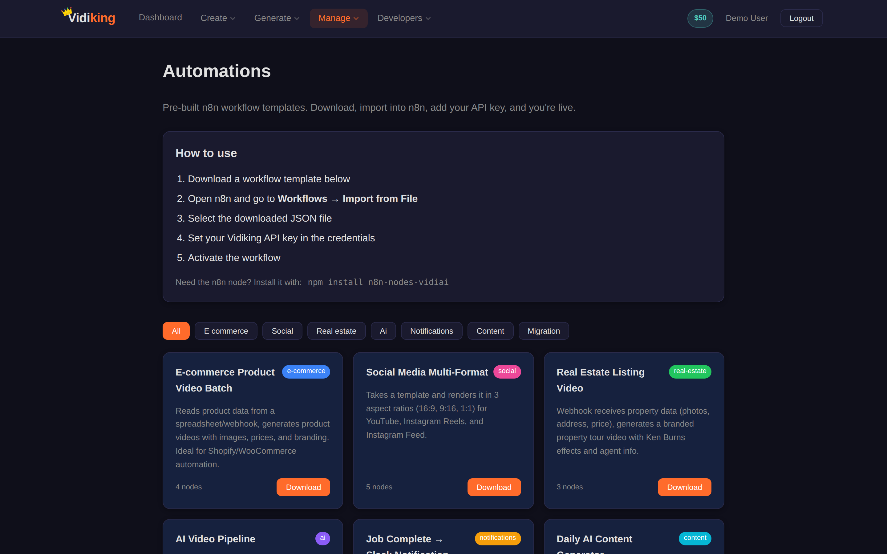 The Automations page — a "How to use" panel and a gallery of downloadable n8n workflow templates by category