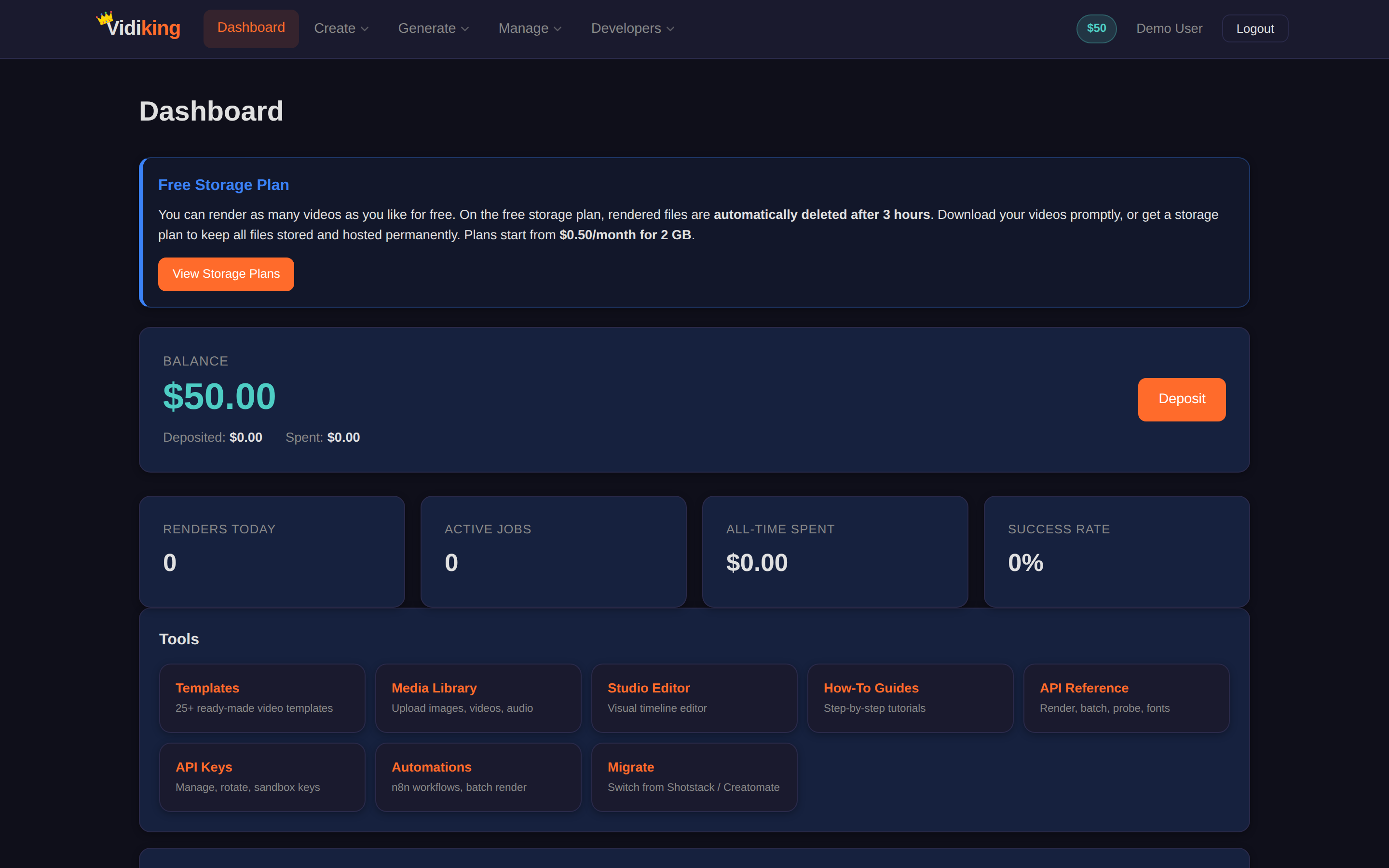 The Vidiking dashboard — a storage-plan banner, wallet balance, activity stat cards, and a Tools grid of quick links