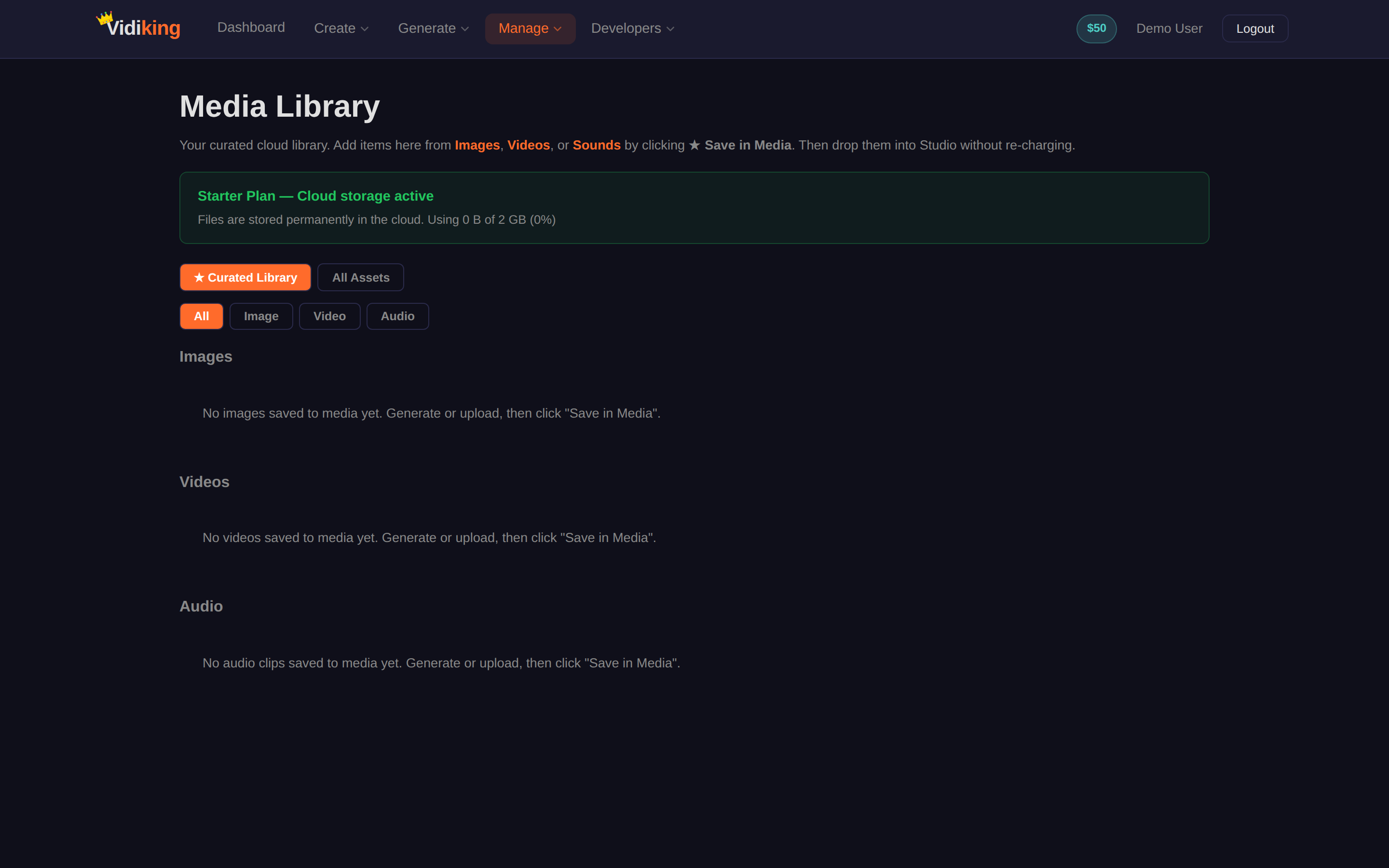 The Media Library — a cloud storage banner, Curated Library / All Assets views, type filters, and Images / Videos / Audio sections