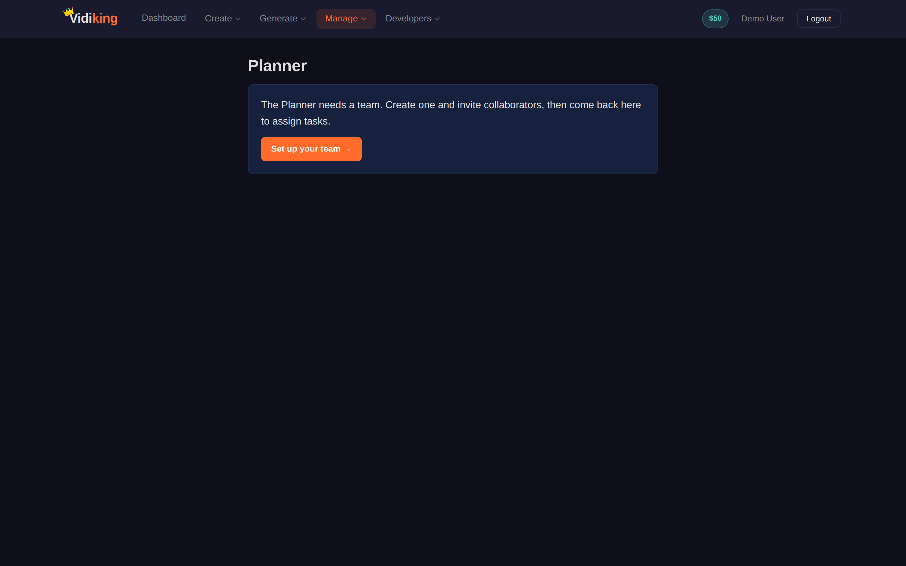 The Planner's empty state — a message that the Planner needs a team, with a "Set up your team" button