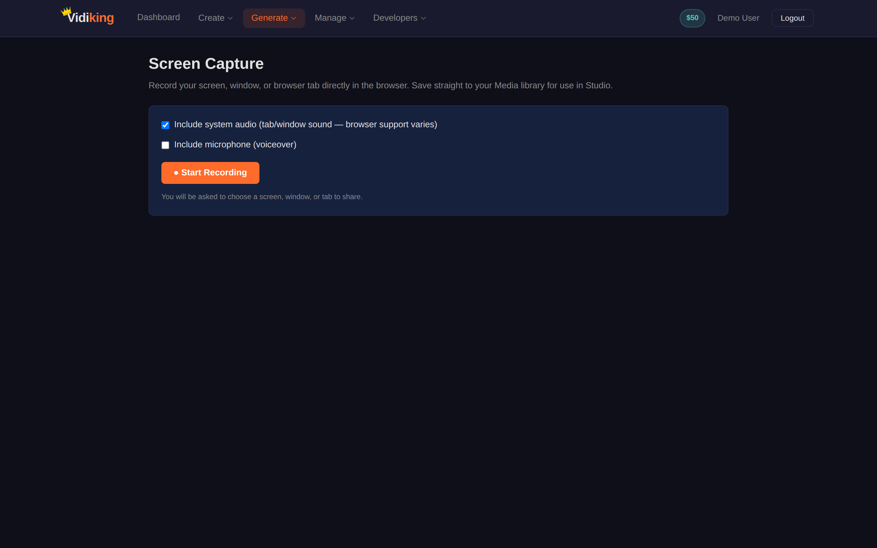 The Screen Capture page — audio options and a Start Recording button that prompts you to choose a screen, window or tab