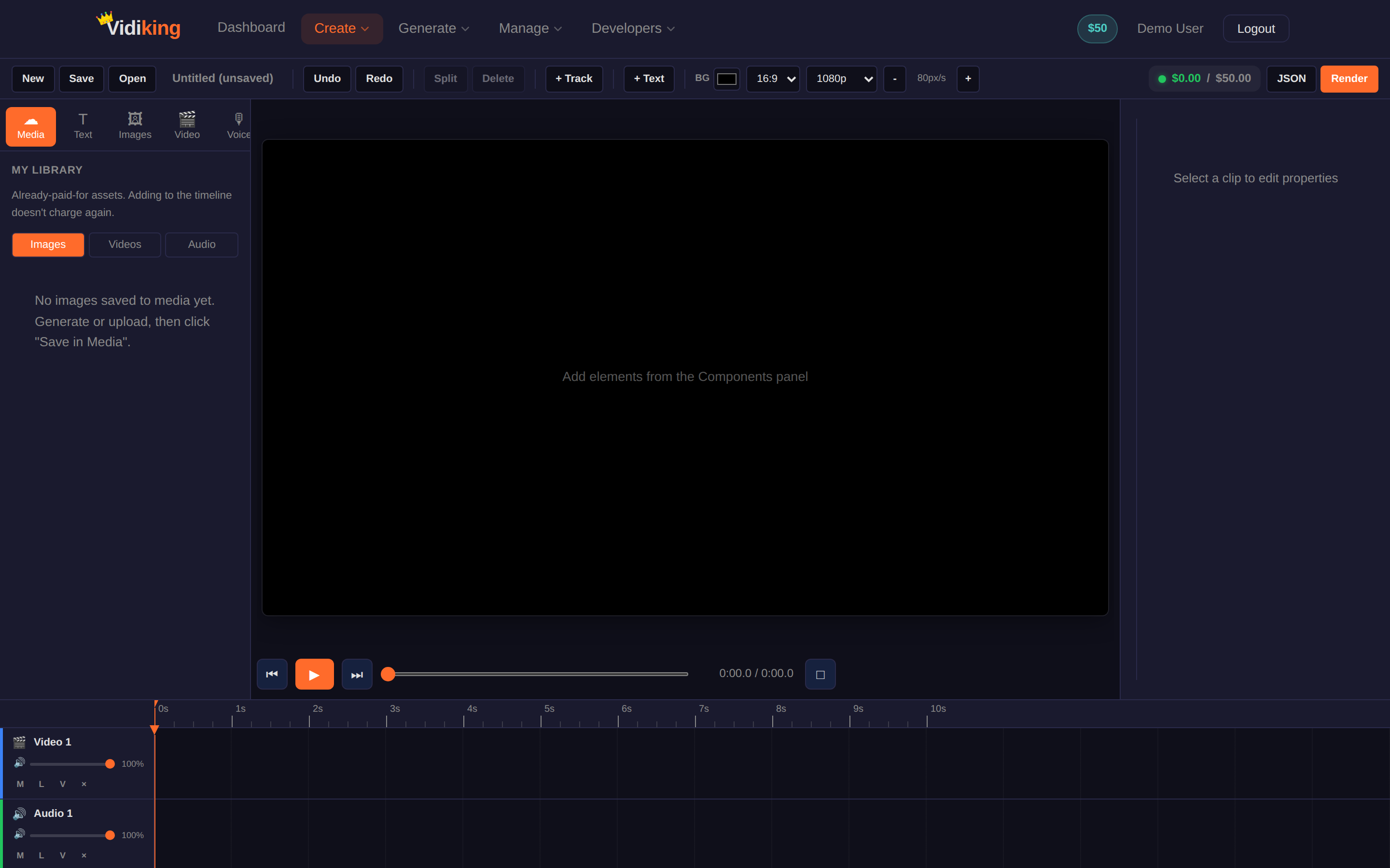 Timeline Studio layout — top toolbar, left Components panel, center canvas, right Properties panel, and the multi-track timeline along the bottom