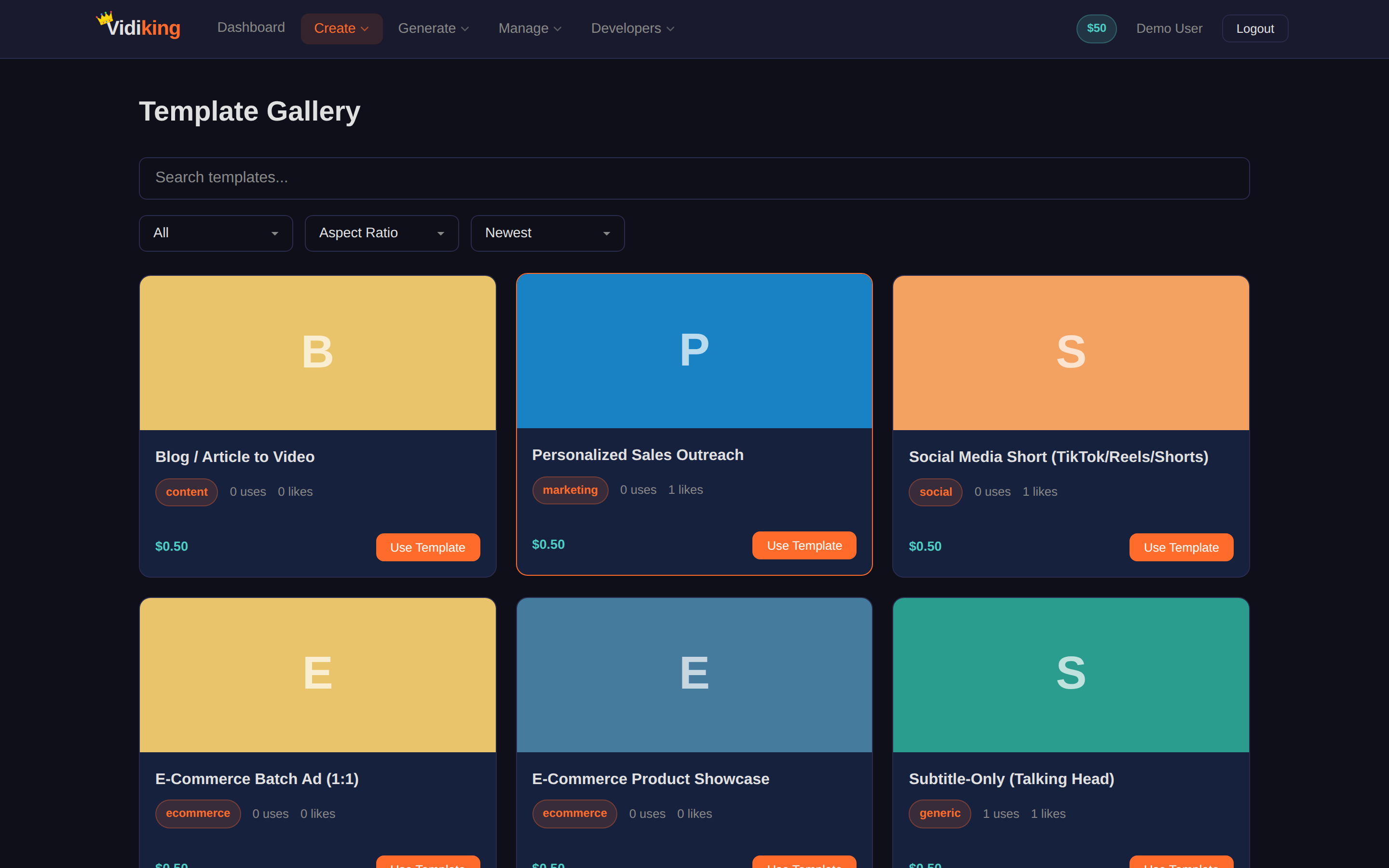 The Template Gallery — a search box, All / Aspect Ratio / Newest filters, and template cards showing category, uses, price and a Use Template button