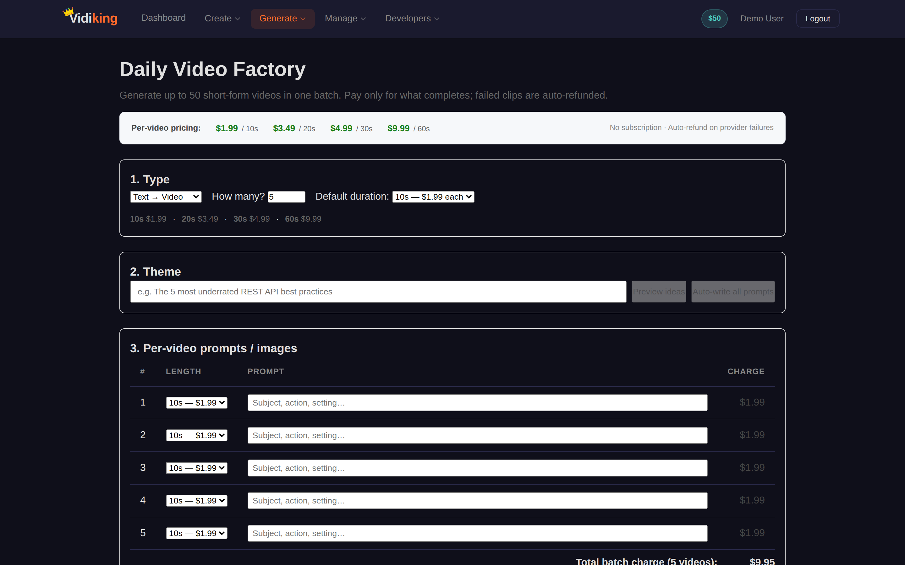 The Videofactory page — per-video pricing, the Type and Theme sections, and a per-video prompts table with a running batch total