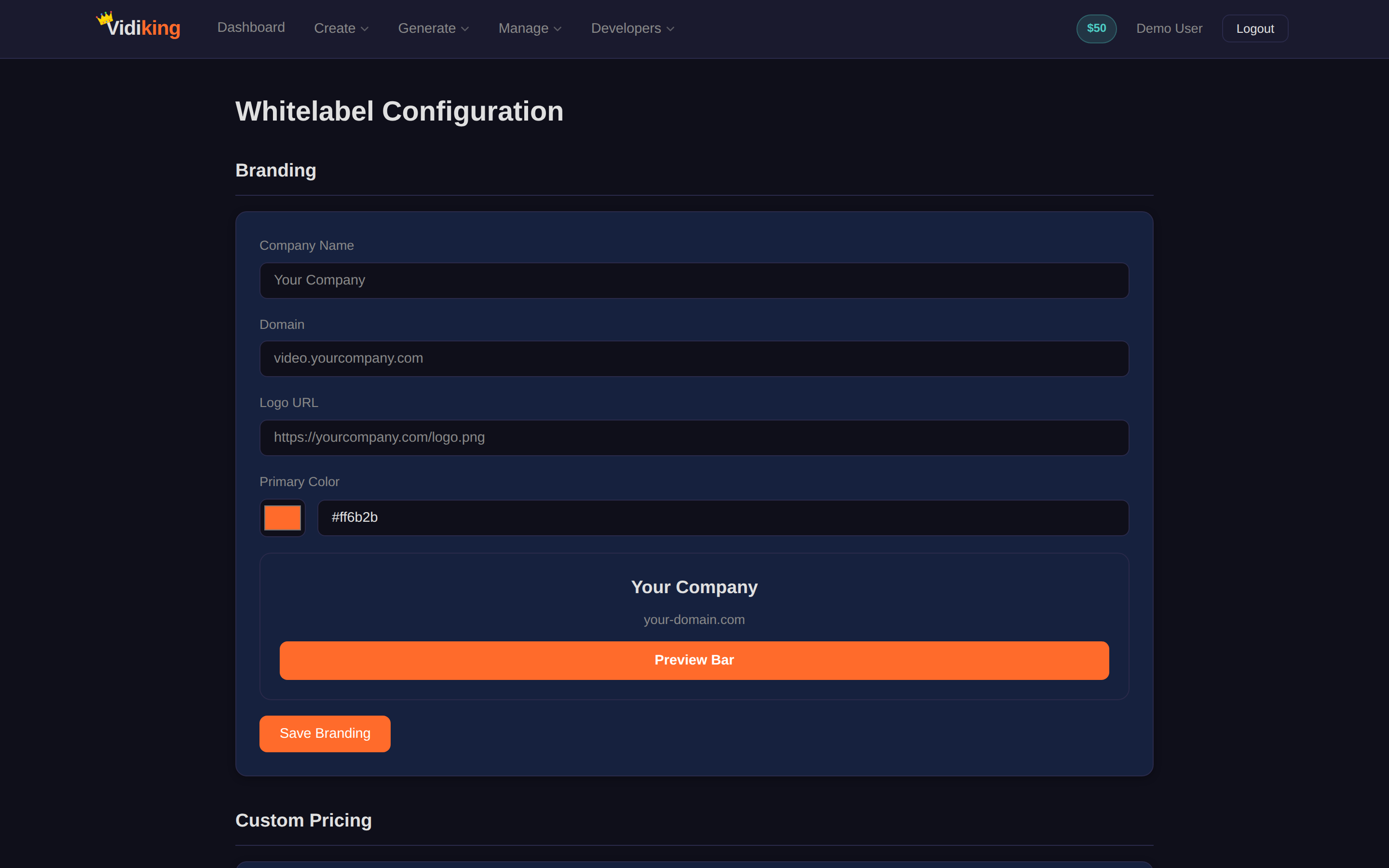 The Whitelabel Configuration page — the Branding section with company name, domain, logo URL, primary colour and a live preview bar